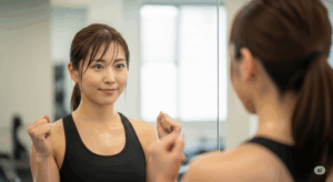 トレーニング後、鏡の中の自分に微笑む日本人女性
