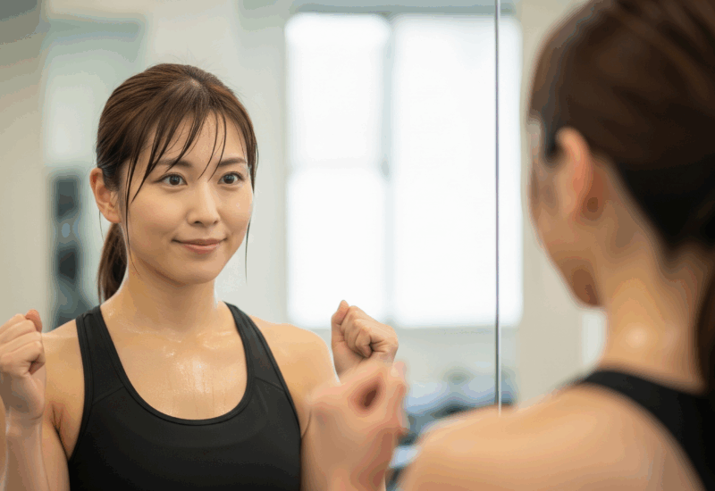 トレーニング後、鏡の中の自分に微笑む日本人女性